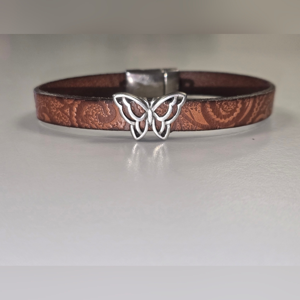 Butterfly Brown Tooled Leather Bracelet